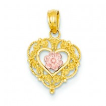 Lace Trim Pink Rose Center Heart Pendant in 14k Two-tone Gold