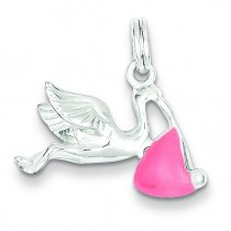 Pink Enamel Stork Charm in Sterling Silver