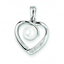 FW Cultured Pearl Diamond Heart Pendant in Sterling Silver 
