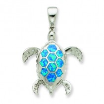 Blue Opal Inlay CZ Tortoise Pendant in Sterling Silver