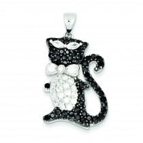 Black White CZ Cool Cat Pendant in Sterling Silver