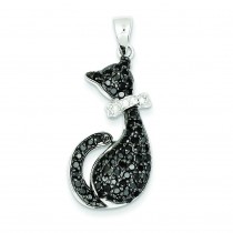 Black White CZ Cat Bow Pendant in Sterling Silver