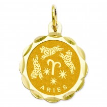 Engraveable Aries Zodiac Scalloped Disc Charm in 14k Yellow Gold