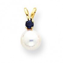 White Cultured Pearl Ct Sapphire Pendant in 14k Yellow Gold
