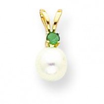 White Cultured Pearl Emerald Pendant in 14k Yellow Gold