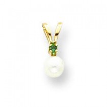 White Cultured Pearl Ct Emerald Pendant in 14k Yellow Gold