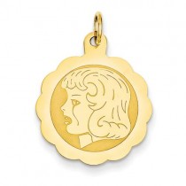 Girl Head On Engraveable Scalloped Disc Charm in 14k Yellow Gold