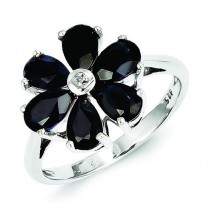Rhodium Dark Sapphire Diamond Flower Ring