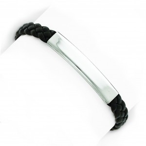 Black Braided Leather Bracelet in Sterling Silver
