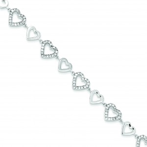 Polished CZ Hearts Bracelet in Sterling Silver