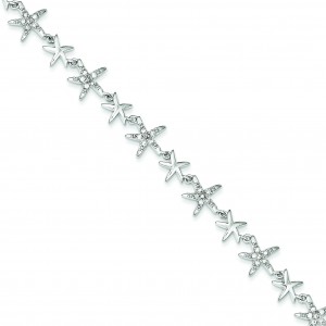 Alternating Polished CZ Starfish Link Bracelet in Sterling Silver