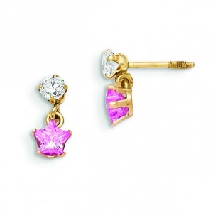 CZ With Dangling Pink CZ Star Earrings in 14k Yellow Gold