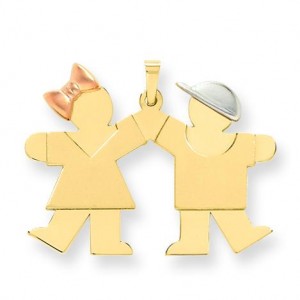Large Girl On Left Boy On Right Engraveable Charm in 14k Tri-color Gold