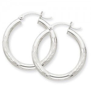 Satin Diamond Cut Round Hoop Earrings in 10k White Gold