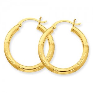 Satin Diamond Cut Round Hoop Earrings in 10k Yellow Gold 