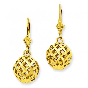 Diamond Cut Mesh Ball Dangle Leverback Earrings in 14k Yellow Gold