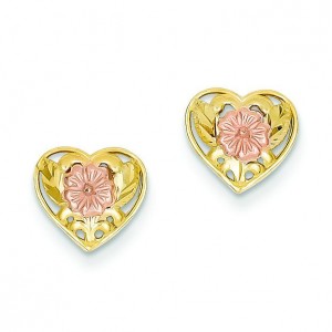 Pink Flower Heart Post Earrings in 14k Two-tone Gold