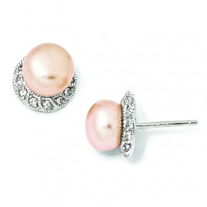 CZ Pink Cultured Pearl Stud Earrings in Sterling Silver
