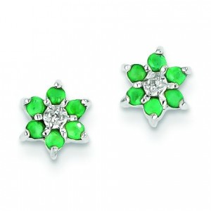 Rhodium Emerald Diamond Heart Post Earrings in Sterling Silver