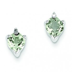 Green Amethyst Diamond Heart Post Earrings in Sterling Silver