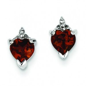 Rhodium Heart Garnet Diamond Post Earrings in Sterling Silver