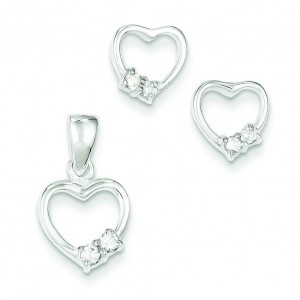Heart With CZ Earrings Pendant Set in Sterling Silver