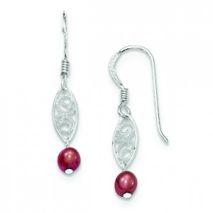 Red Freshwater Cultured Pearl Filigree Dangle Earrings in Sterling Silver