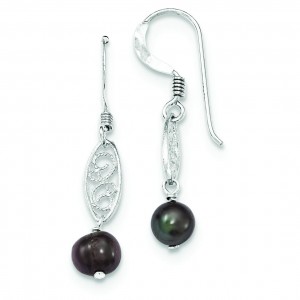 Black Cultured Pearl Filigree Dangle Earrings in Sterling Silver