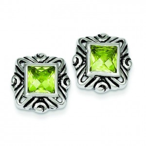 Green CZ Square Earrings in Sterling Silver