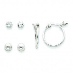 CZ Bead Hoop Set Earrings in Sterling Silver