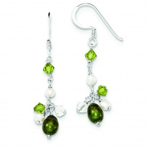 Green White Fresh Water Cultured Pearls Crystals Earrings in Sterling Silver