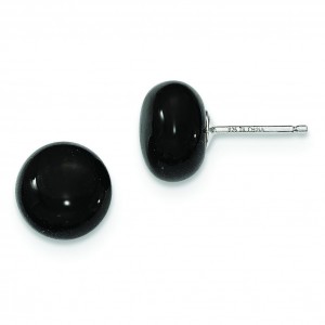 Button Black Agate Post Earrings in Sterling Silver