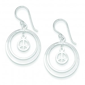 Double Circles W Small Peace Symbol Dangle Earrings in Sterling Silver