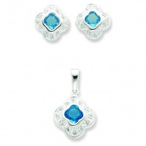 Blue CZ Earrings And Pendant Set in Sterling Silver