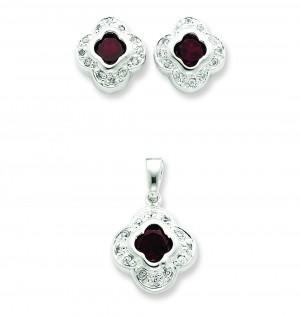 Red CZ Earrings And Pendant Set in Sterling Silver