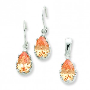 Champagne CZ Earrings And Pendant Set in Sterling Silver