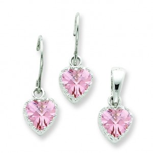 Pink CZ Heart Earrings And Pendant Set in Sterling Silver