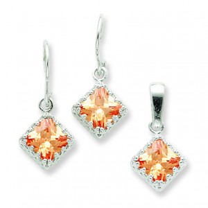 Champagne CZ Earrings And Pendant Set in Sterling Silver