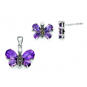 Marcasite And Purple CZ Earrings And Pendent Set in Sterling Silver