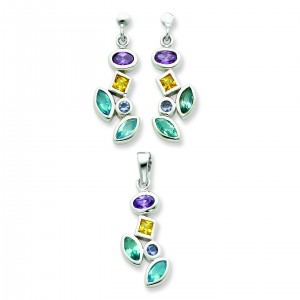 Multicolored CZ Earrings And Pendant Set in Sterling Silver