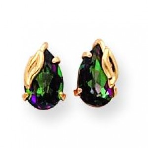 Mystic Fire With Leaf Stud Earrings in 14k Yellow Gold