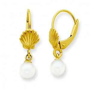 Shell W Freshwater Cultured Pearl Leverback Earrings in 14k Yellow Gold