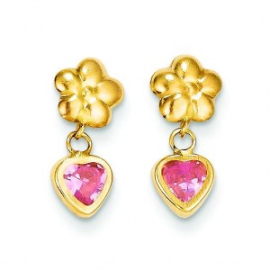 Flower Heart W Pink CZ Post Earrings in 14k Yellow Gold