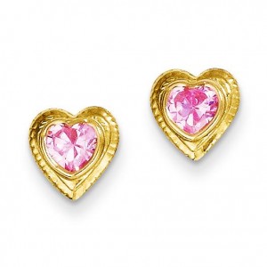 Pink CZ Heart Post Earrings in 14k Yellow Gold