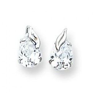 Pear CZ With Leaf Post Earrings in 14k White Gold