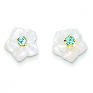 Mother Of Pearl Flower With Blue Topaz Post Earrings in 14k Yellow Gold