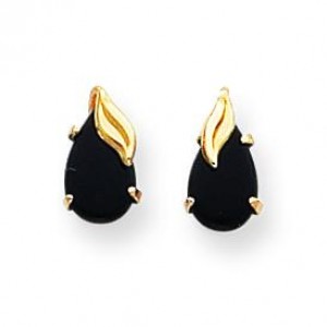 Pear Shaped Onyx W Leaf Earrings in 14k Yellow Gold