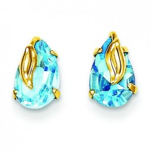 Blue Topaz With Leaf Post Earrings in 14k Yellow Gold
