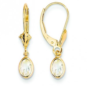 White Zircon Leverback Earrings in 14k Yellow Gold