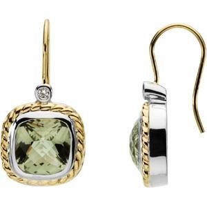 Green Quartz Diamond Earrings in 14k Yellow Gold & Sterling Silver (0.06 Ct. tw.)